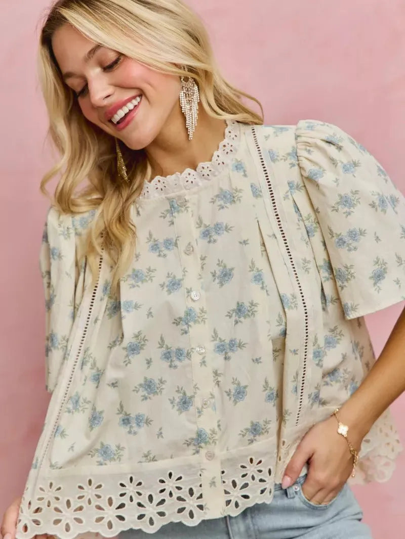 So Me Floral Whispers Print Lace Trim Flutter Sleeves Blouse-Women's Shirts & Tops-Shop Z & Joxa