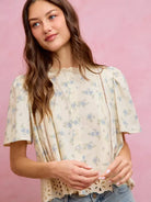 So Me Floral Whispers Print Lace Trim Flutter Sleeves Blouse-Women's Shirts & Tops-Shop Z & Joxa