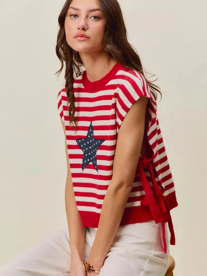 So Me Freedom Ties Striped Star Patch 4th Of July Sweater Vest-Women's Shirts & Tops-Shop Z & Joxa