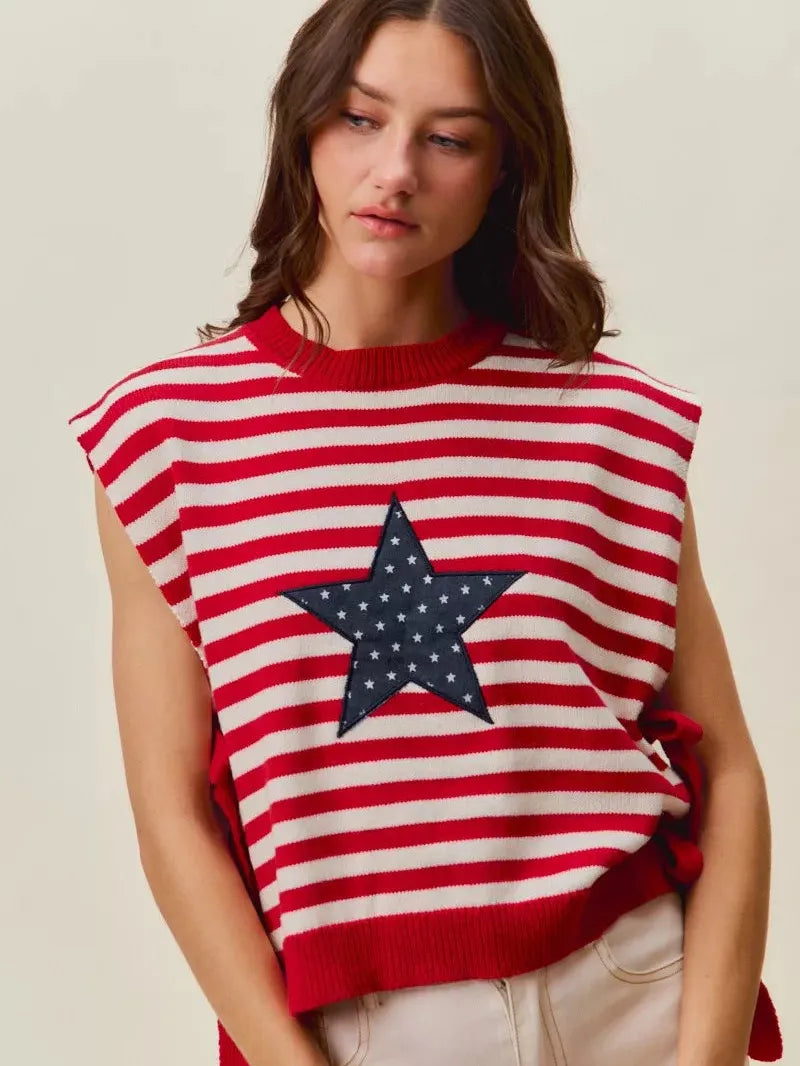 So Me Freedom Ties Striped Star Patch 4th Of July Sweater Vest-Women's Shirts & Tops-Shop Z & Joxa