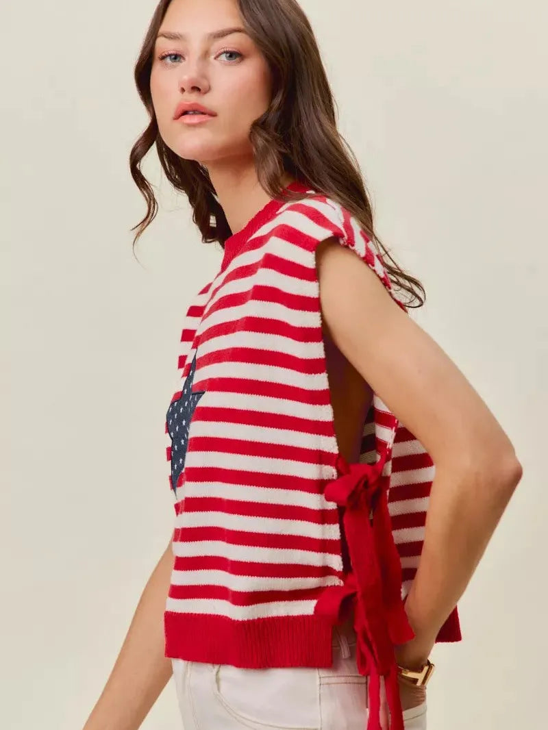 So Me Freedom Ties Striped Star Patch 4th Of July Sweater Vest-Women's Shirts & Tops-Shop Z & Joxa