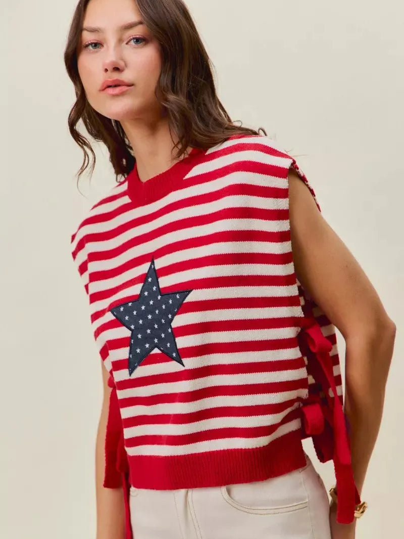 So Me Freedom Ties Striped Star Patch 4th Of July Sweater Vest-Women's Shirts & Tops-Shop Z & Joxa