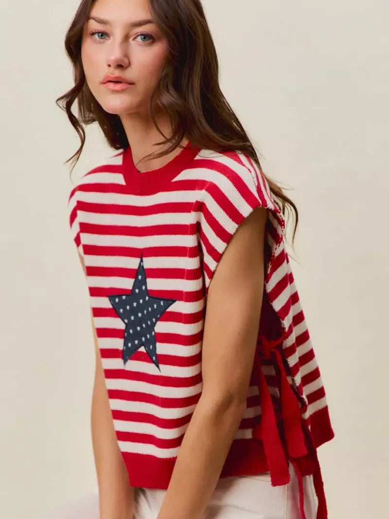 So Me Freedom Ties Striped Star Patch 4th Of July Sweater Vest-Women's Shirts & Tops-Shop Z & Joxa