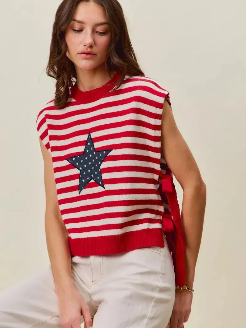 So Me Freedom Ties Striped Star Patch 4th Of July Sweater Vest-Women's Shirts & Tops-Shop Z & Joxa