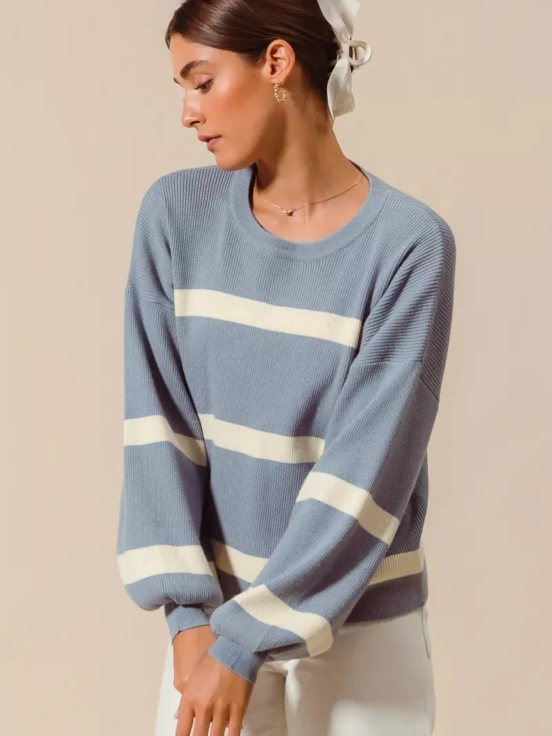 So Me Frosted Lined Dusty Blue Striped Long Sleeve Sweater-Women's Shirts & Tops-Shop Z & Joxa