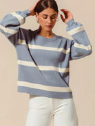 So Me Frosted Lines Dusty Blue Striped Long Sleeve Sweater-Women's Shirts & Tops-Shop Z & Joxa