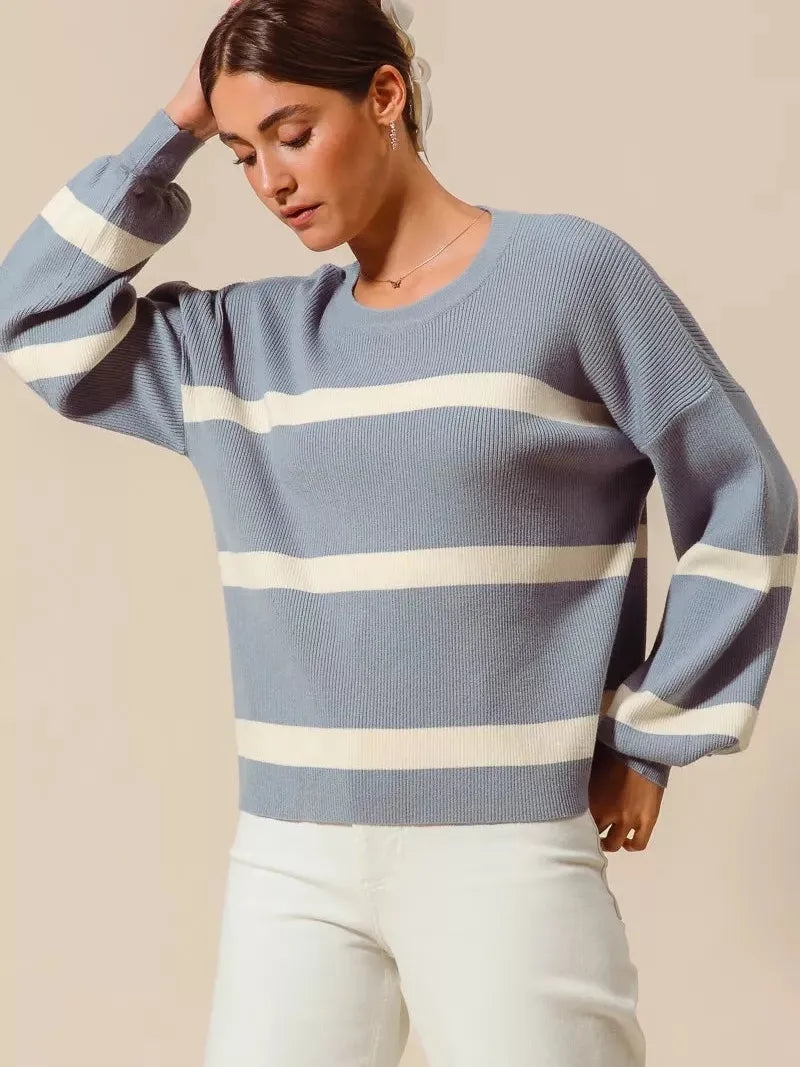 So Me Frosted Lines Dusty Blue Striped Long Sleeve Sweater-Women's Shirts & Tops-Shop Z & Joxa