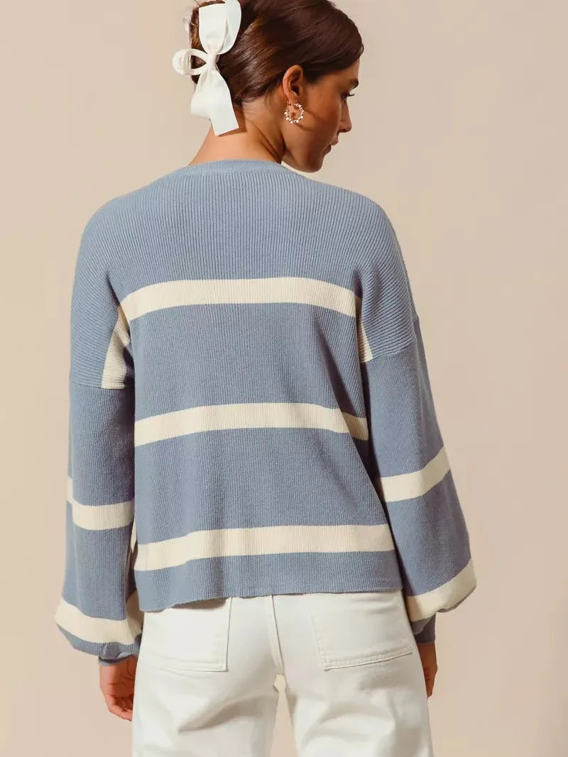 So Me Frosted Lines Dusty Blue Striped Long Sleeve Sweater-Women's Shirts & Tops-Shop Z & Joxa