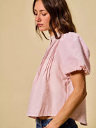 So Me Gingham Grace Lace Trim Button Bubble Sleeves Blouse-Women's Shirts & Tops-Shop Z & Joxa