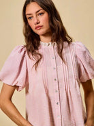 So Me Gingham Grace Lace Trim Button Bubble Sleeves Blouse-Women's Shirts & Tops-Shop Z & Joxa