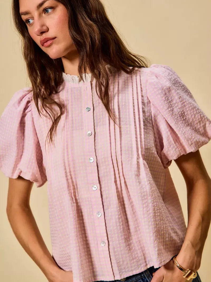 So Me Gingham Grace Lace Trim Button Bubble Sleeves Blouse-Women's Shirts & Tops-Shop Z & Joxa