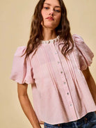 So Me Gingham Grace Lace Trim Button Bubble Sleeves Blouse-Women's Shirts & Tops-Shop Z & Joxa
