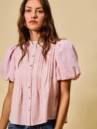 So Me Gingham Grace Lace Trim Button Bubble Sleeves Blouse-Women's Shirts & Tops-Shop Z & Joxa