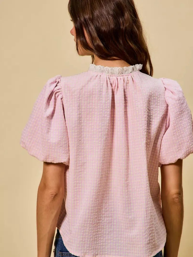 So Me Gingham Grace Lace Trim Button Bubble Sleeves Blouse-Women's Shirts & Tops-Shop Z & Joxa