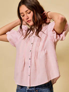So Me Gingham Grace Lace Trim Button Bubble Sleeves Blouse-Women's Shirts & Tops-Shop Z & Joxa