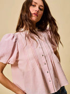So Me Gingham Grace Lace Trim Button Bubble Sleeves Blouse-Women's Shirts & Tops-Shop Z & Joxa