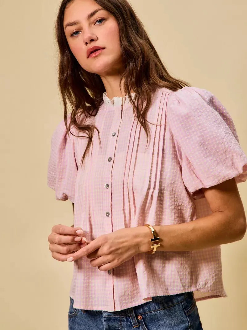 So Me Gingham Grace Lace Trim Button Bubble Sleeves Blouse-Women's Shirts & Tops-Shop Z & Joxa
