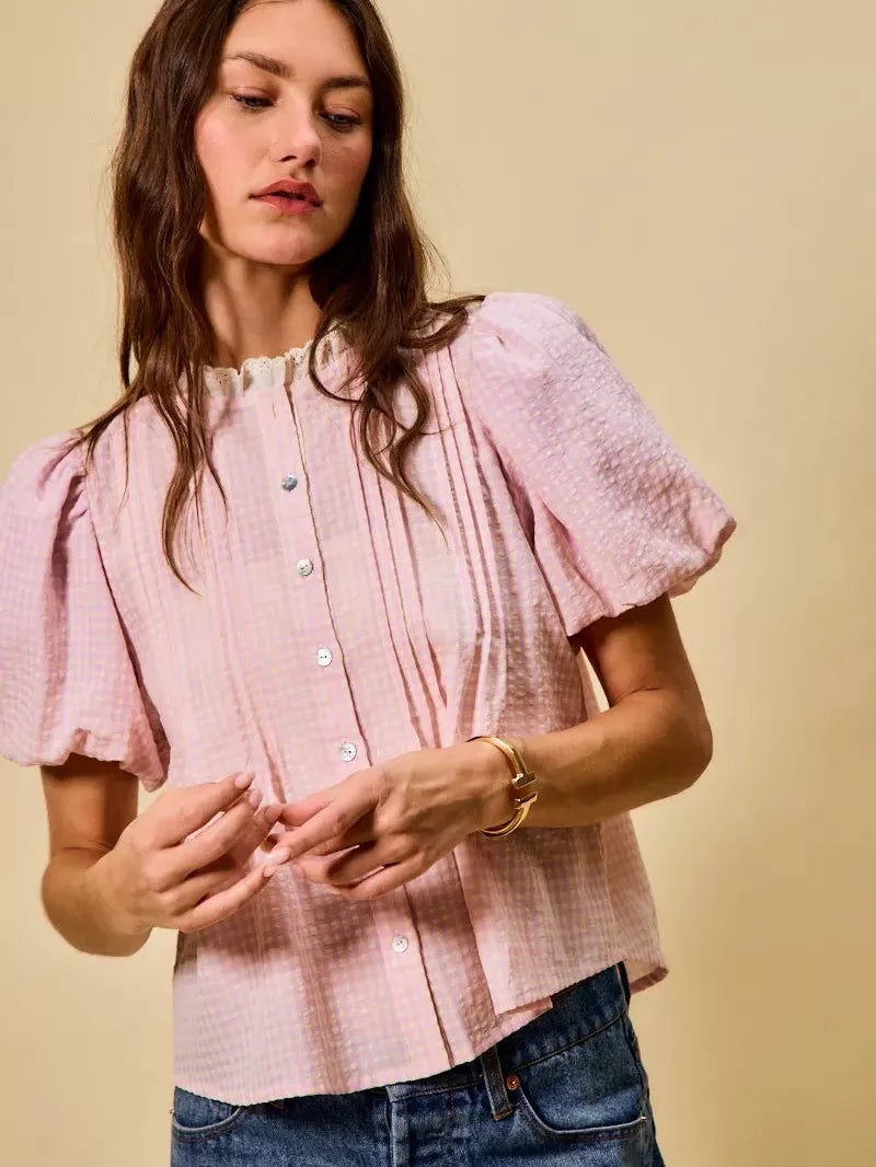 So Me Gingham Grace Lace Trim Button Bubble Sleeves Blouse-Women's Shirts & Tops-Shop Z & Joxa