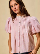 So Me Gingham Grace Lace Trim Button Bubble Sleeves Blouse-Women's Shirts & Tops-Shop Z & Joxa