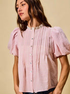 So Me Gingham Grace Lace Trim Button Bubble Sleeves Blouse-Women's Shirts & Tops-Shop Z & Joxa
