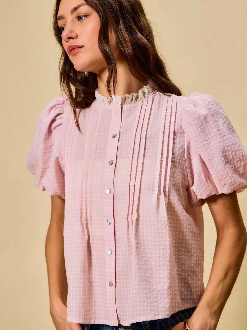 So Me Gingham Grace Lace Trim Button Bubble Sleeves Blouse-Women's Shirts & Tops-Shop Z & Joxa