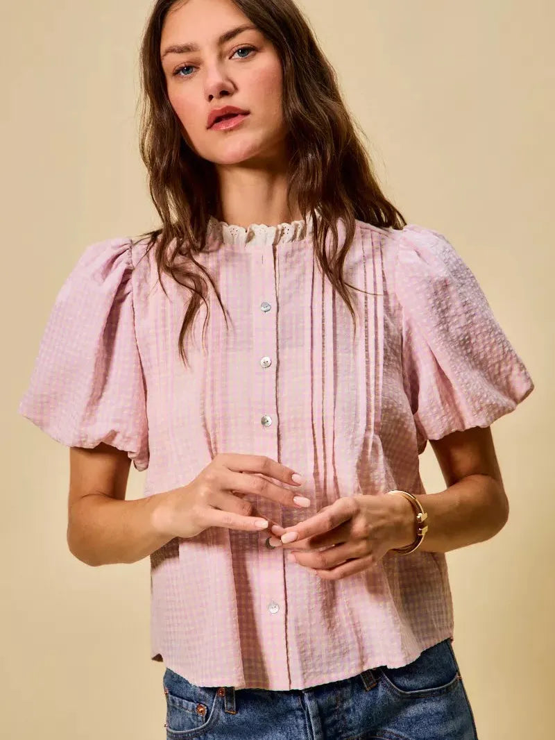 So Me Gingham Grace Lace Trim Button Bubble Sleeves Blouse-Women's Shirts & Tops-Shop Z & Joxa