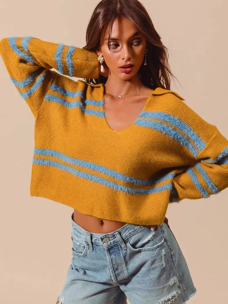 So Me Honey Mustard Fuzzy Striped Deep U Neck Sweater-Women's Shirts & Tops-Shop Z & Joxa