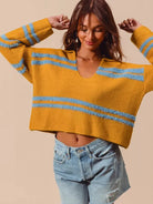 So Me Honey Mustard Fuzzy Striped Deep U Neck Sweater-Women's Shirts & Tops-Shop Z & Joxa