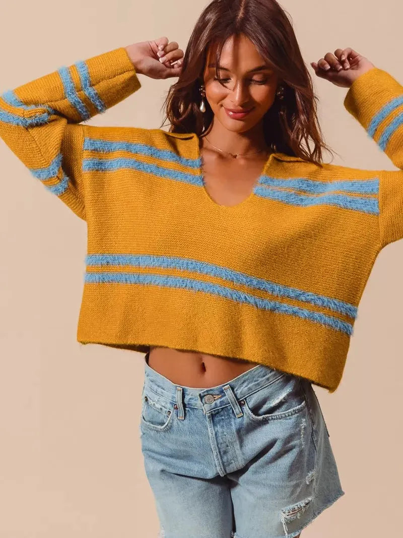 So Me Honey Mustard Fuzzy Striped Deep U Neck Sweater-Women's Shirts & Tops-Shop Z & Joxa