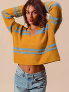 So Me Honey Mustard Fuzzy Striped Deep U Neck Sweater-Women's Shirts & Tops-Shop Z & Joxa