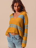So Me Honey Mustard Fuzzy Striped Deep U Neck Sweater-Women's Shirts & Tops-Shop Z & Joxa