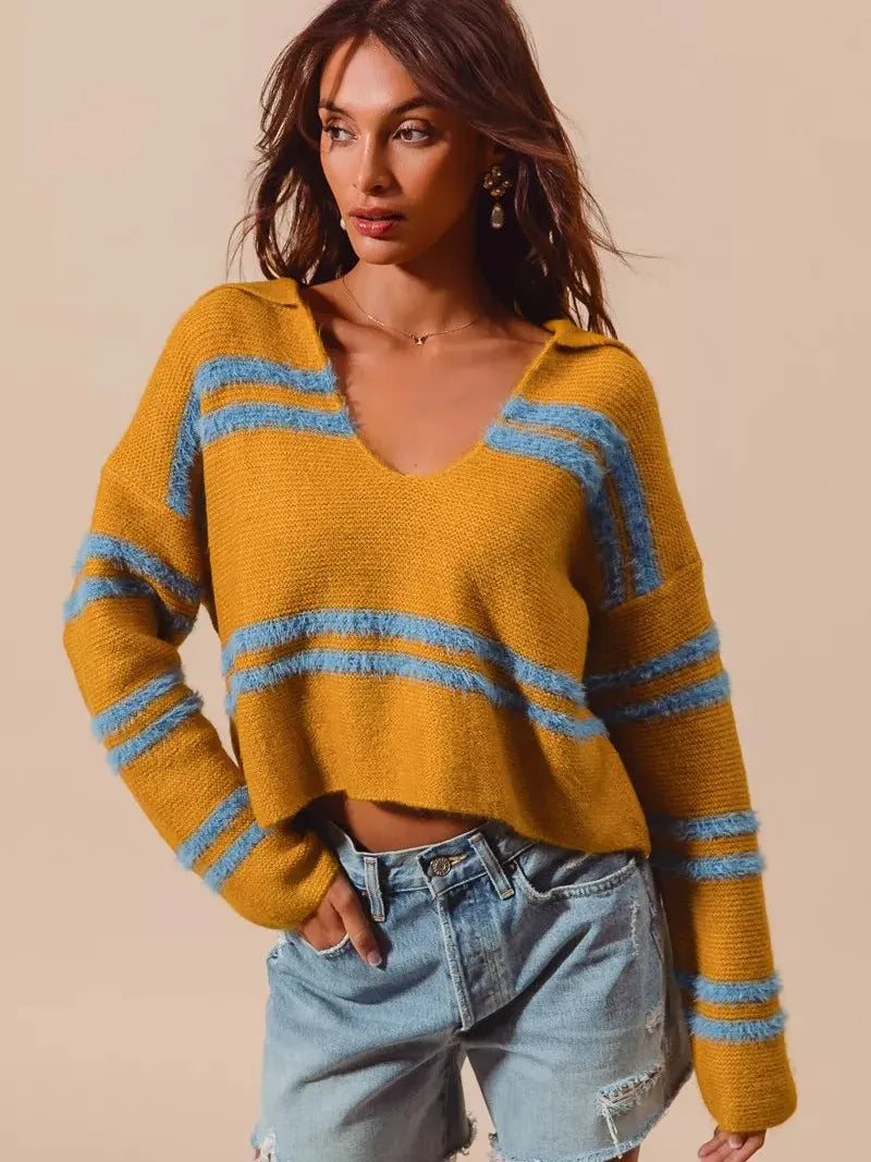 So Me Honey Mustard Fuzzy Striped Deep U Neck Sweater-Women's Shirts & Tops-Shop Z & Joxa