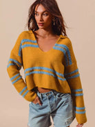 So Me Honey Mustard Fuzzy Striped Deep U Neck Sweater-Women's Shirts & Tops-Shop Z & Joxa