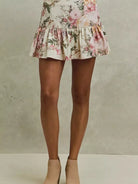 So Me Ivory Bloom Pink Floral Tiered Flare Mini Skirt-Women's Skirts & Skorts-Shop Z & Joxa