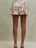 So Me Ivory Bloom Pink Floral Tiered Flare Mini Skirt-Women's Skirts & Skorts-Shop Z & Joxa