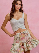 So Me Ivory Bloom Pink Floral Tiered Flare Mini Skirt-Women's Skirts & Skorts-Shop Z & Joxa