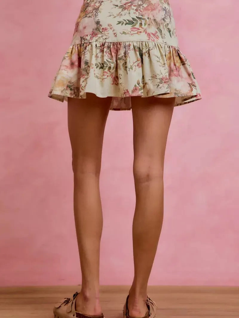 So Me Ivory Bloom Pink Floral Tiered Flare Mini Skirt-Women's Skirts & Skorts-Shop Z & Joxa