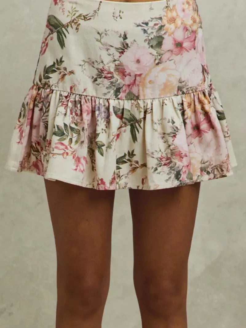 So Me Ivory Bloom Pink Floral Tiered Flare Mini Skirt-Women's Skirts & Skorts-Shop Z & Joxa