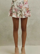 So Me Ivory Bloom Pink Floral Tiered Flare Mini Skirt-Women's Skirts & Skorts-Shop Z & Joxa