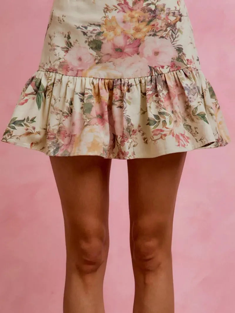 So Me Ivory Bloom Pink Floral Tiered Flare Mini Skirt-Women's Skirts & Skorts-Shop Z & Joxa