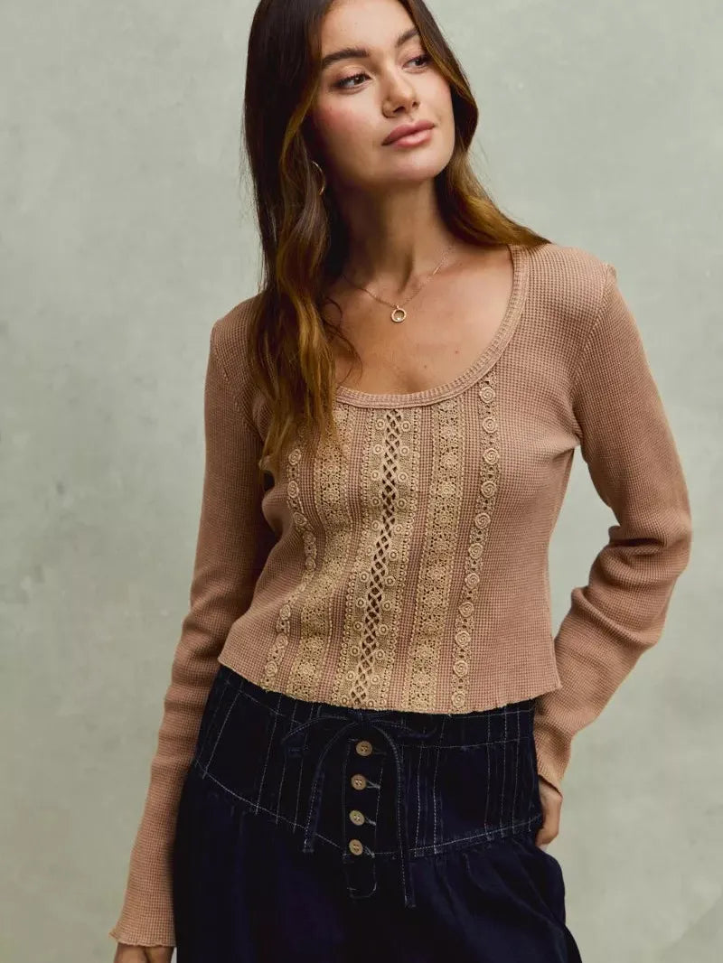 So Me Latte Lace Revival Vintage Wash Lace Crop Knit Top-Women's Shirts & Tops-Shop Z & Joxa