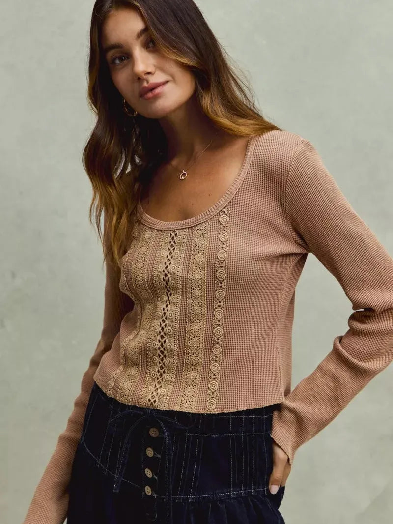 So Me Latte Lace Revival Vintage Wash Lace Crop Knit Top-Women's Shirts & Tops-Shop Z & Joxa