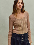 So Me Latte Lace Revival Vintage Wash Lace Crop Knit Top-Women's Shirts & Tops-Shop Z & Joxa