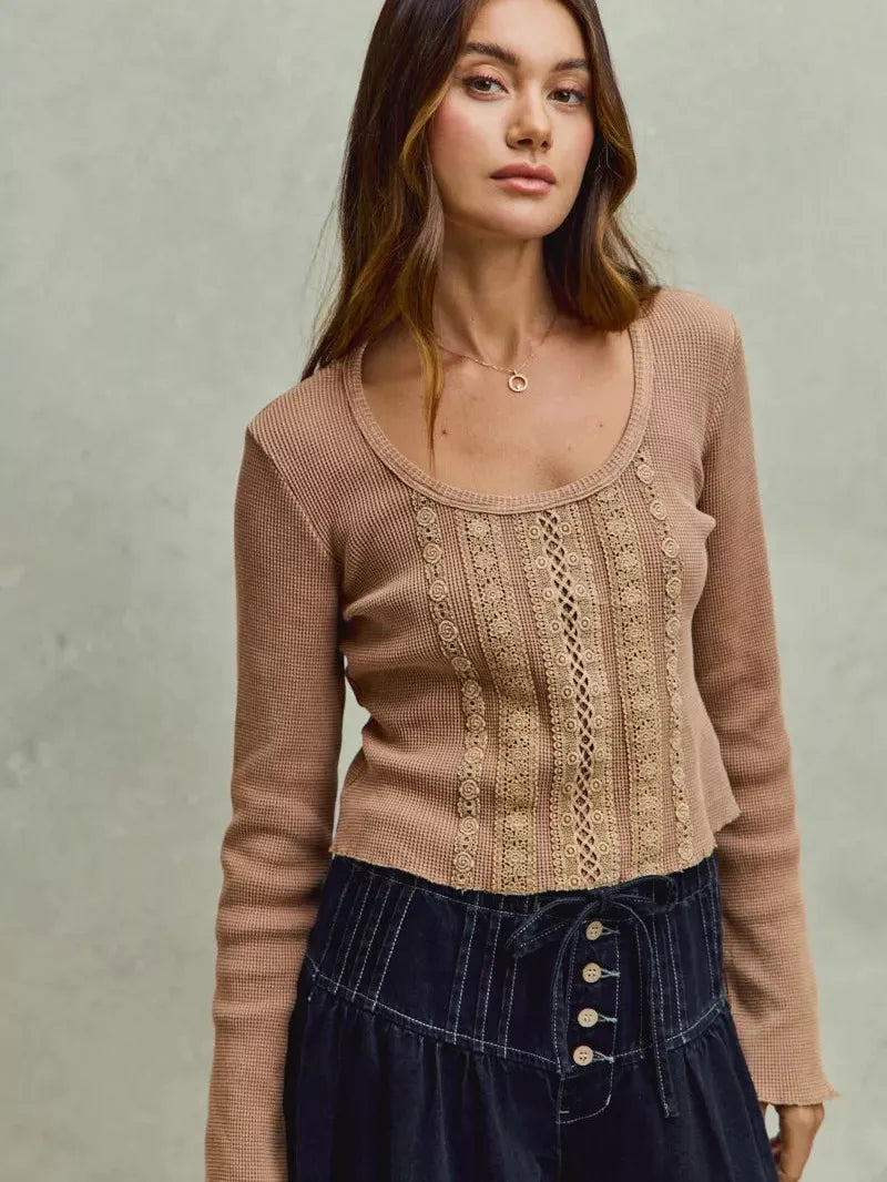 So Me Latte Lace Revival Vintage Wash Lace Crop Knit Top-Women's Shirts & Tops-Shop Z & Joxa