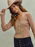 So Me Latte Lace Revival Vintage Wash Lace Crop Knit Top-Women's Shirts & Tops-Shop Z & Joxa