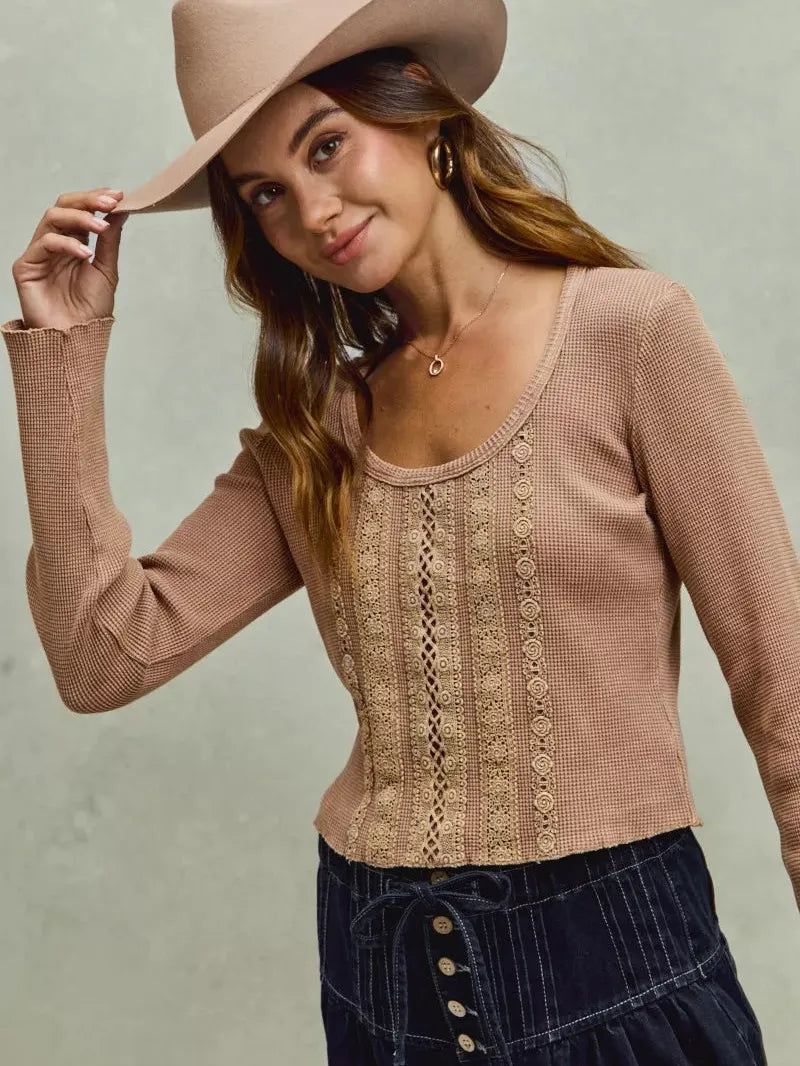 So Me Latte Lace Revival Vintage Wash Lace Crop Knit Top-Women's Shirts & Tops-Shop Z & Joxa