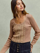 So Me Latte Lace Revival Vintage Wash Lace Crop Knit Top-Women's Shirts & Tops-Shop Z & Joxa