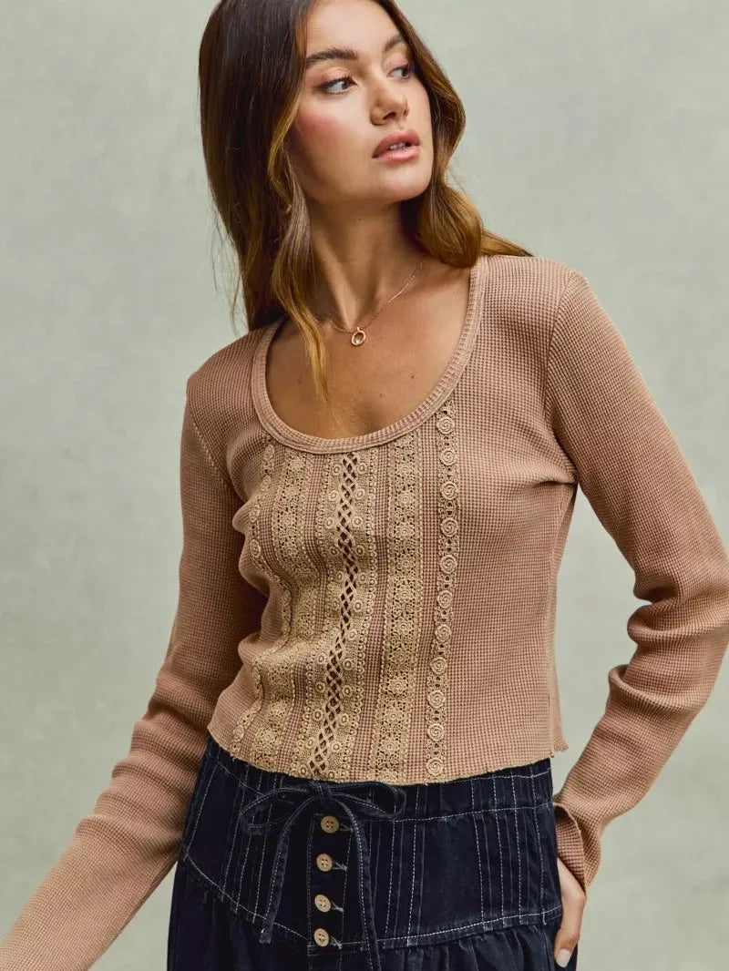 So Me Latte Lace Revival Vintage Wash Lace Crop Knit Top-Women's Shirts & Tops-Shop Z & Joxa