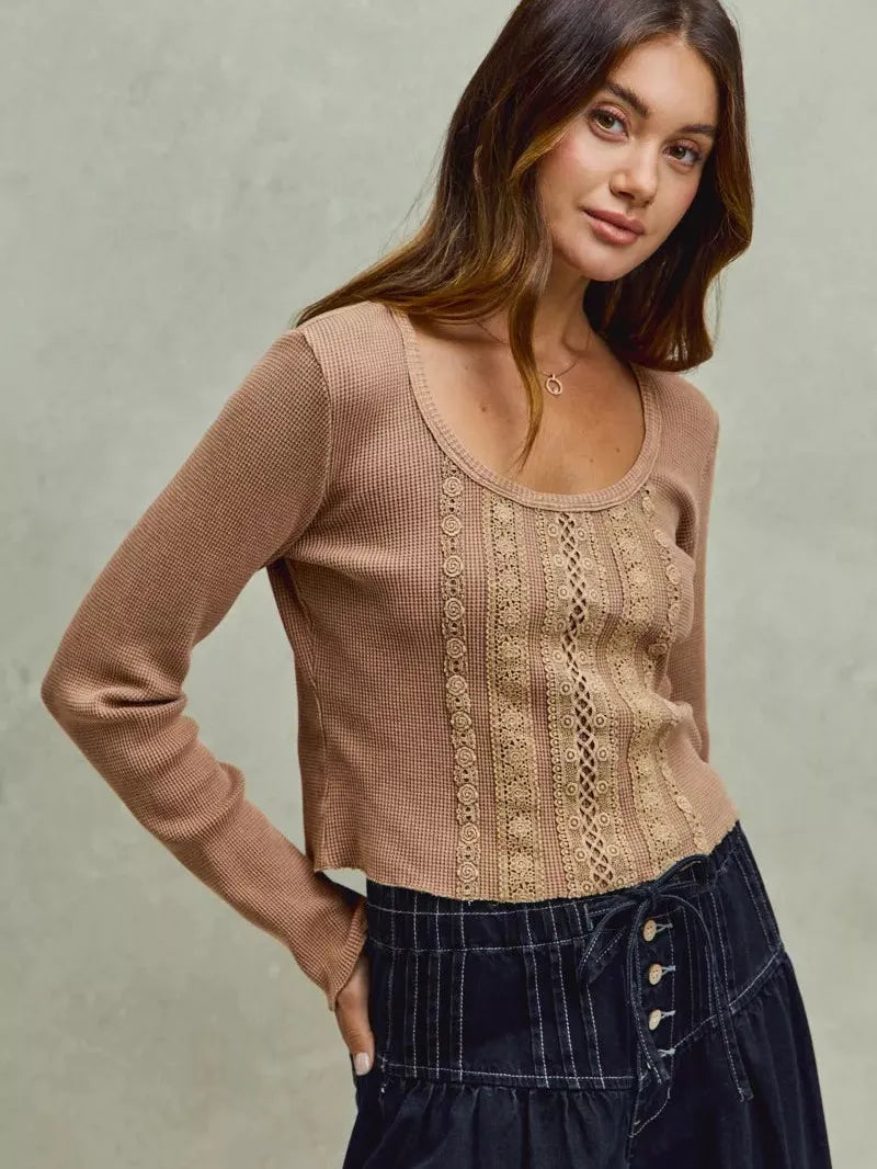 So Me Latte Lace Revival Vintage Wash Lace Crop Knit Top-Women's Shirts & Tops-Shop Z & Joxa