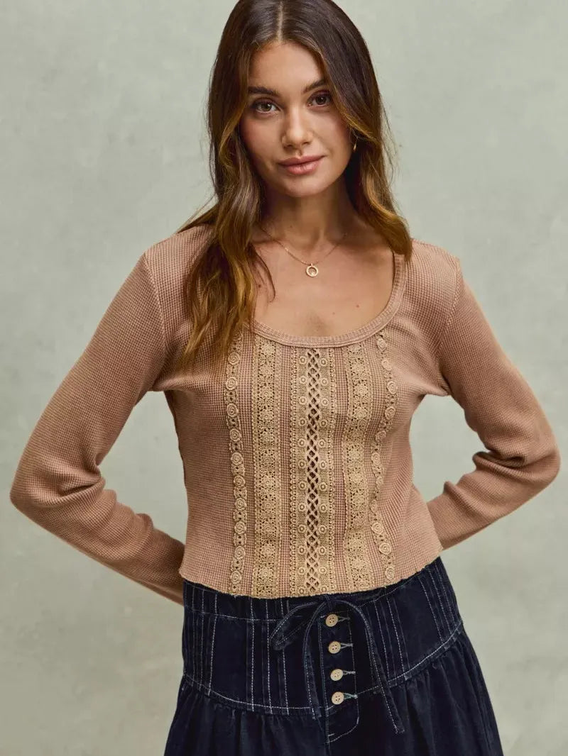 So Me Latte Lace Revival Vintage Wash Lace Crop Knit Top-Women's Shirts & Tops-Shop Z & Joxa